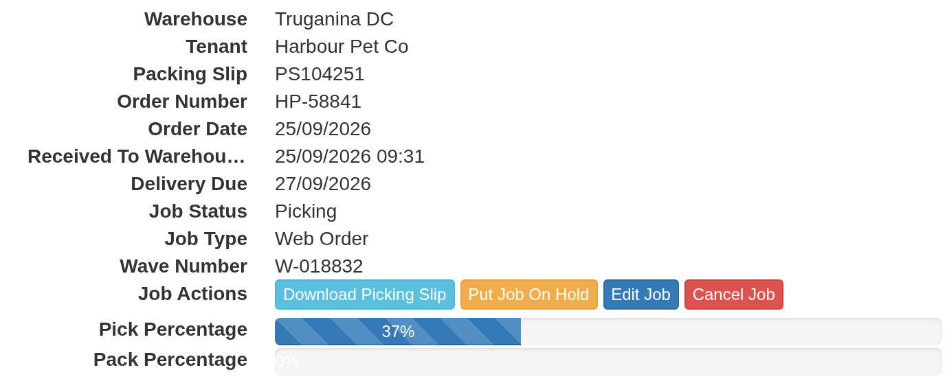 Client portal shipment details for packing slip PS104251: job status Picking, wave W-018832, job actions, and pick and pack percentages