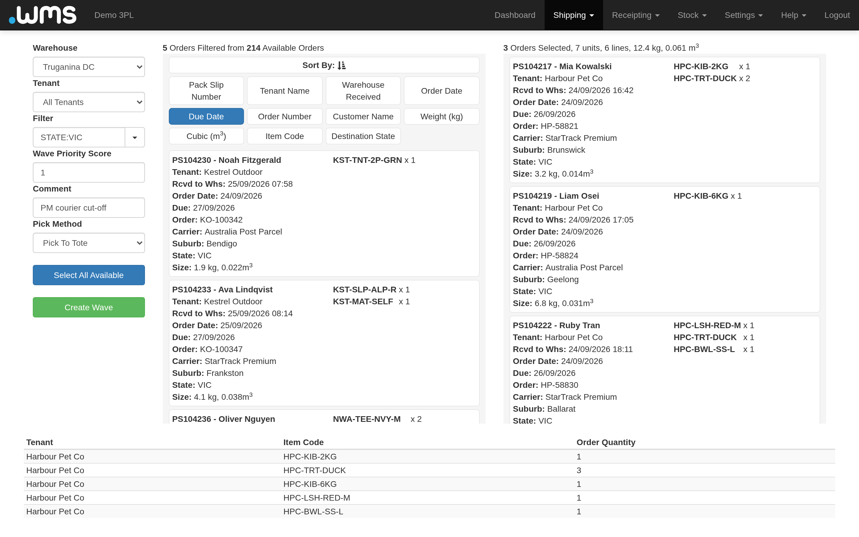 Wave Builder: filters for warehouse, tenant and state on the left, five available orders in the middle, three selected orders on the right with the Create Wave button