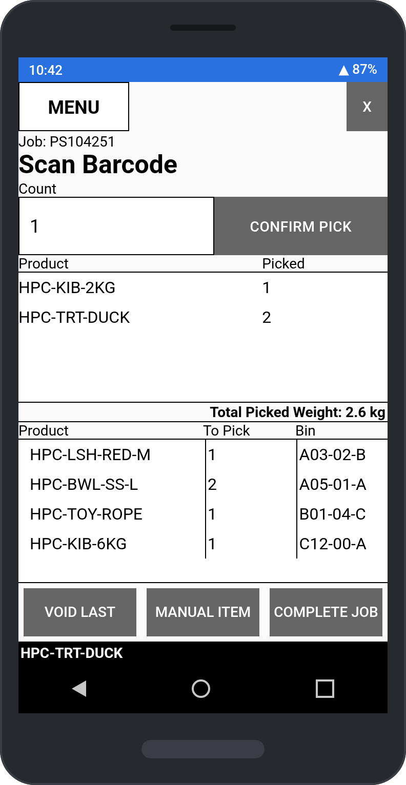 Handheld pick screen for job PS104251: scan barcode, confirm pick, and the products left to pick with their bins